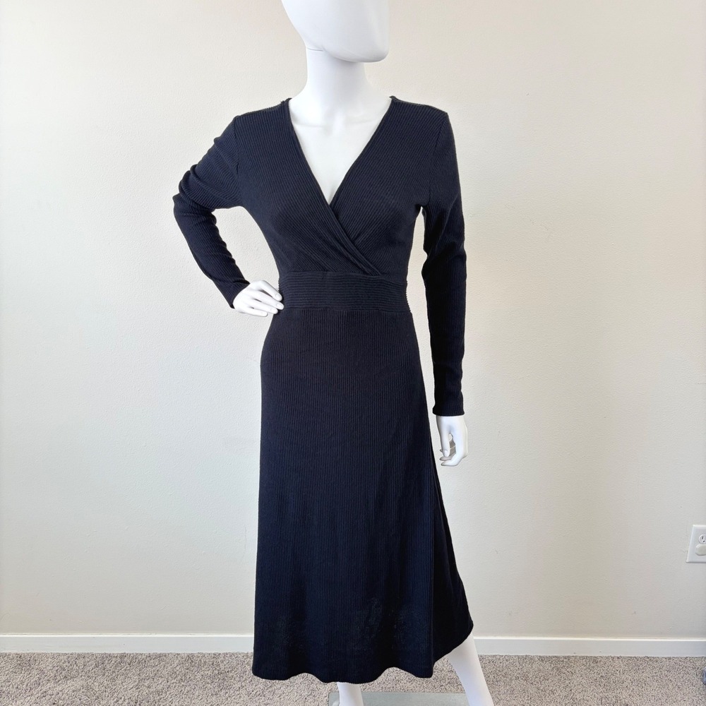 Anthropologie COA Navy Marin Ribbed Knit Wrap V-Neck Midi Dress Small NWT